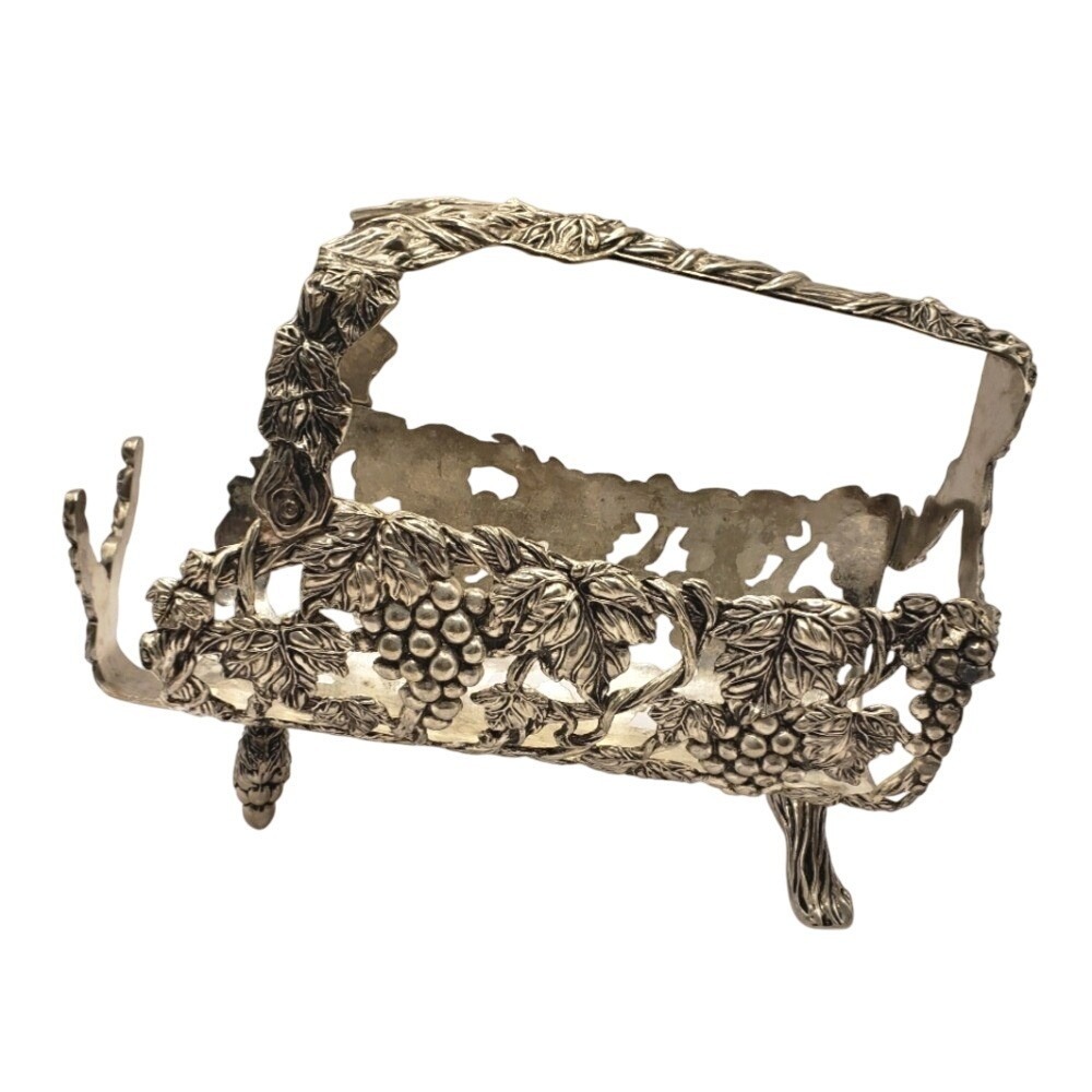 Vintage Silver Tone Grape Vine Wine‎ Bottle Cradle Pourer Ornate Repousse Decor